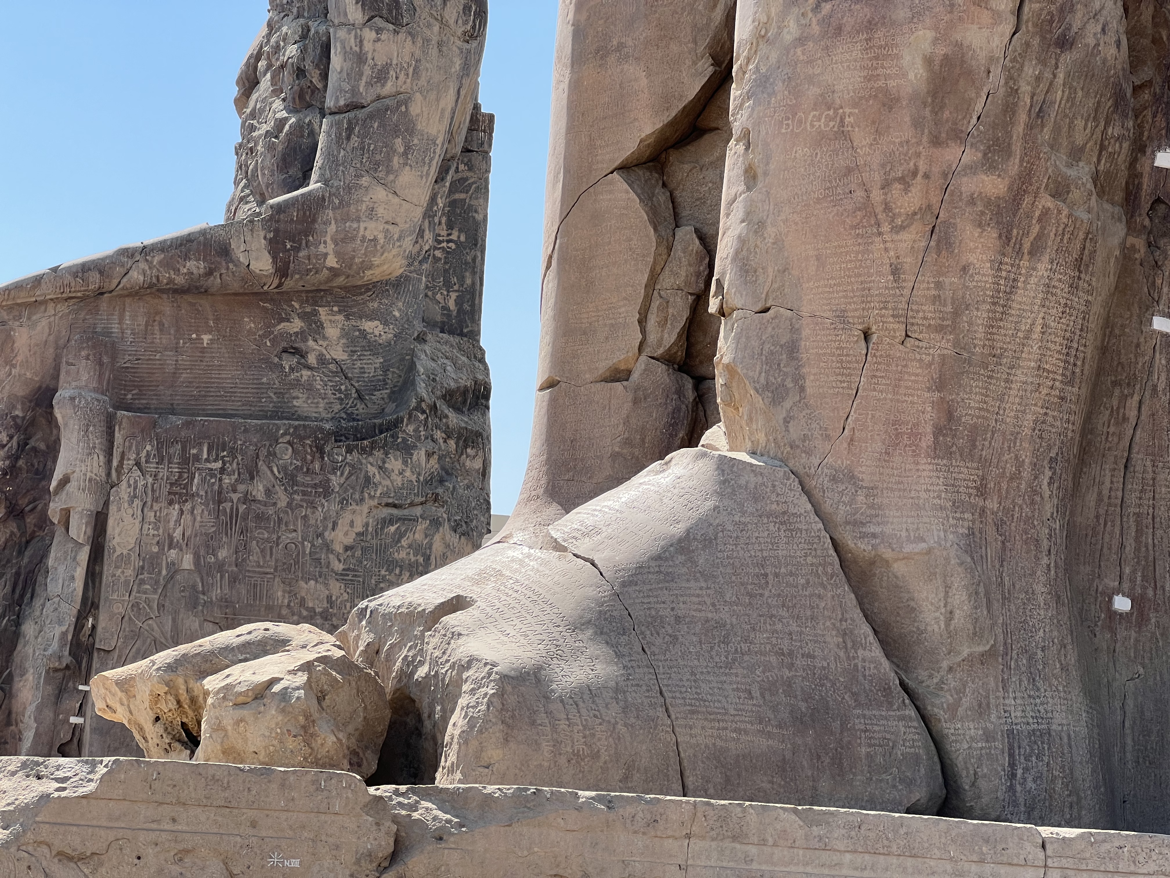 Colossi of Memnon seated in open air on the west bank of Luxor